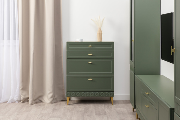 Гостиная Марион композиция 1 дымчатый зеленый K521, олива шагрень AG 1050 ПВХ, белый PE шагрень (собирается на любую сторону)