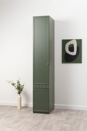 Шкаф-пенал Марион 16.340.01 дымчатый зеленый K521, олива шагрень AG 1050 ПВХ (собирается на любую сторону)