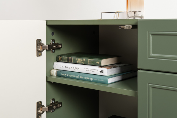 Гостиная Марион композиция 2 дымчатый зеленый K521, олива шагрень AG 1050 ПВХ, белый PE шагрень (собирается на любую сторону)