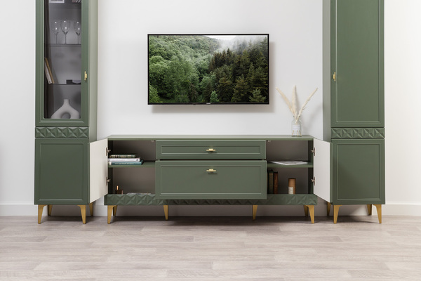 Гостиная Марион композиция 1 дымчатый зеленый K521, олива шагрень AG 1050 ПВХ, белый PE шагрень (собирается на любую сторону)