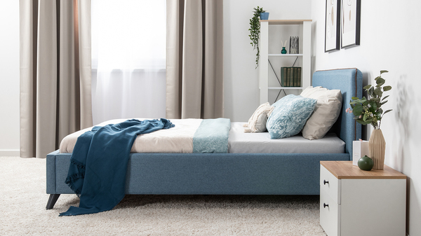 Кровать Миа 160 рогожка светло-синий, кант желтовато-коричневый с ортопедическим основанием и подъемным механизмом