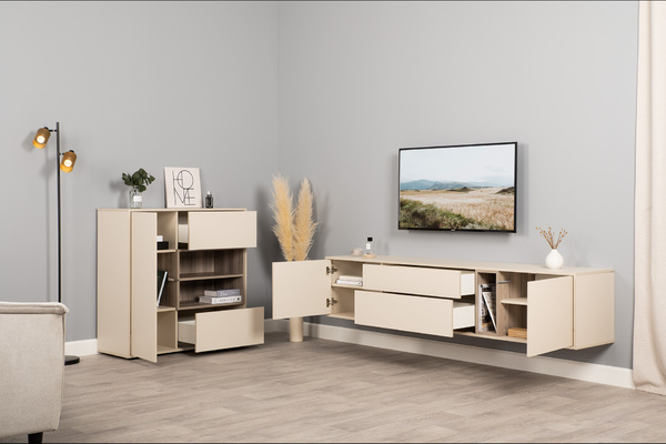 Тумба под ТВ Тайл 16.62 сатин 7045 SU, эмили блаш U9135, белый PE шагрень, напольная/навесная установка, собирается на любую сторону